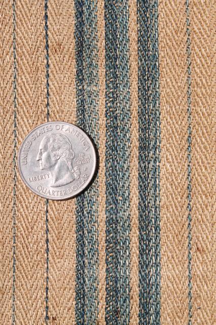 photo of antique vintage pure linen ticking stripe fabric, primitive shabby old indigo blue / flax brown #3