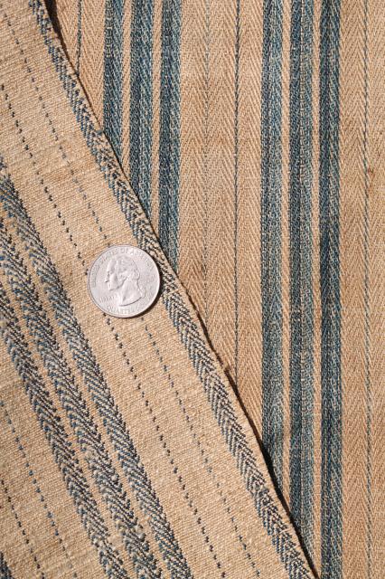 photo of antique vintage pure linen ticking stripe fabric, primitive shabby old indigo blue / flax brown #4