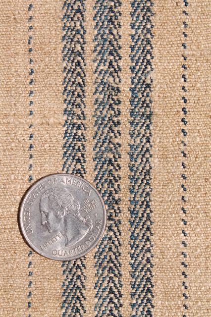 photo of antique vintage pure linen ticking stripe fabric, primitive shabby old indigo blue / flax brown #5