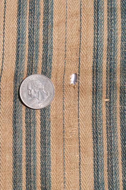 photo of antique vintage pure linen ticking stripe fabric, primitive shabby old indigo blue / flax brown #6