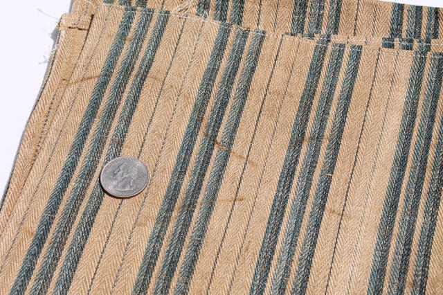 photo of antique vintage pure linen ticking stripe fabric, primitive shabby old indigo blue / flax brown #7