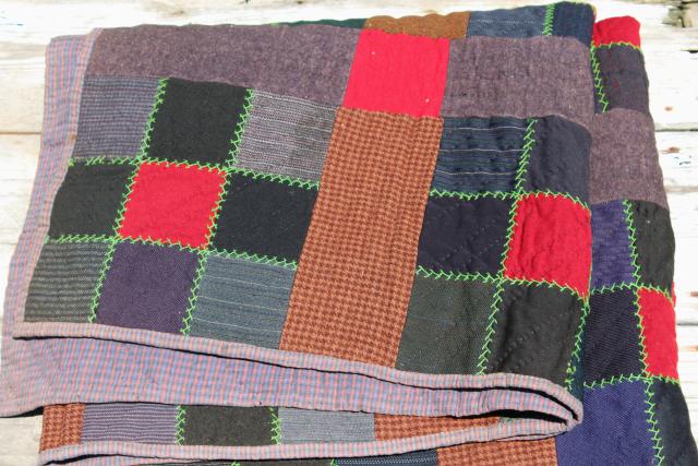 photo of antique vintage quilt w/ feather stitching, old wool suiting & heavy cotton flannel shirting fabric #5