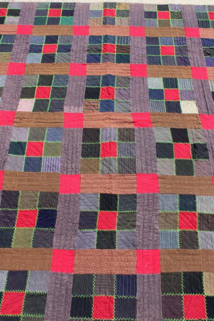 photo of antique vintage quilt w/ feather stitching, old wool suiting & heavy cotton flannel shirting fabric #6