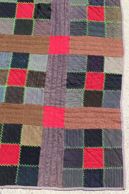 photo of antique vintage quilt w/ feather stitching, old wool suiting & heavy cotton flannel shirting fabric #7