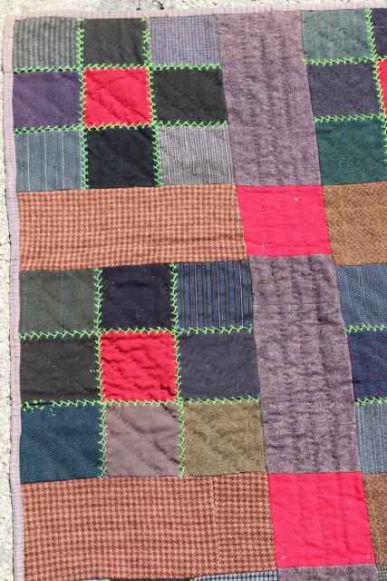 photo of antique vintage quilt w/ feather stitching, old wool suiting & heavy cotton flannel shirting fabric #8