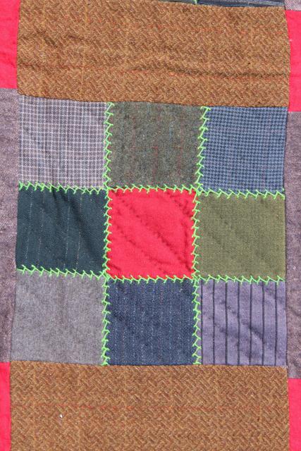 photo of antique vintage quilt w/ feather stitching, old wool suiting & heavy cotton flannel shirting fabric #9