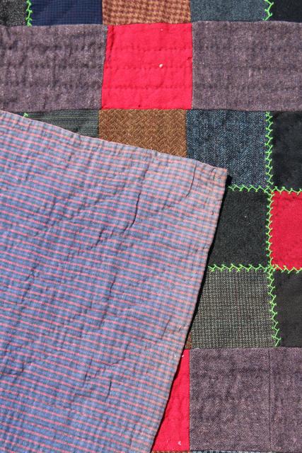 photo of antique vintage quilt w/ feather stitching, old wool suiting & heavy cotton flannel shirting fabric #11