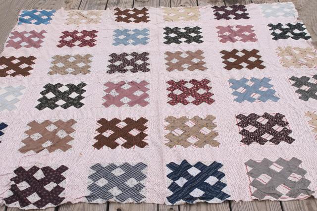 photo of antique vintage quilt top, country primitive old cotton shirting fabric cross hatch patchwork #1