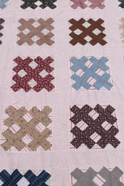 photo of antique vintage quilt top, country primitive old cotton shirting fabric cross hatch patchwork #2