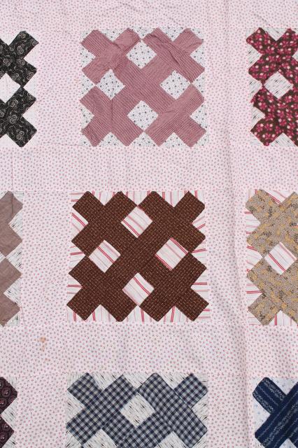 photo of antique vintage quilt top, country primitive old cotton shirting fabric cross hatch patchwork #5