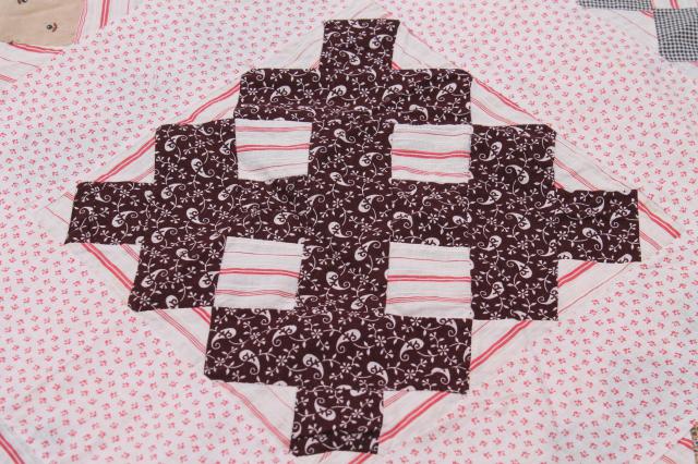 photo of antique vintage quilt top, country primitive old cotton shirting fabric cross hatch patchwork #7