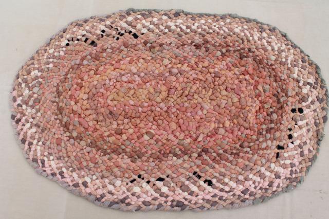 photo of antique vintage rag rug handmade from silk & cotton stockings in buff tan, ecru, pink & ivory #1