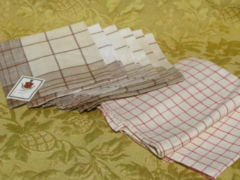 photo of antique vintage red and brown checked flax linen kitchen towels and napkins #1