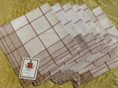 photo of antique vintage red and brown checked flax linen kitchen towels and napkins #2