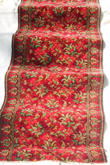 photo of antique vintage rose red William Morris style floral wool carpet stair rug remnant #1