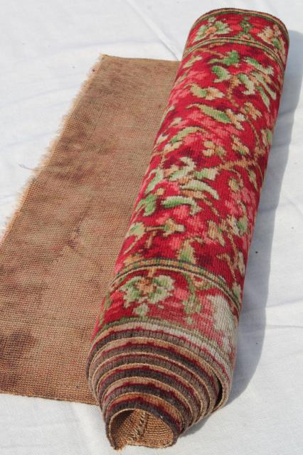 photo of antique vintage rose red William Morris style floral wool carpet stair rug remnant #3