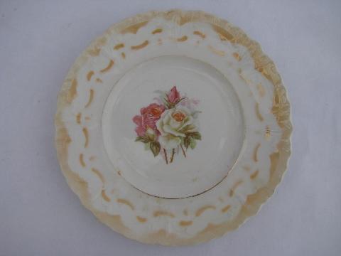 photo of antique vintage roses china plate, luster lace edging stencil painted border #1