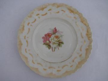 catalog photo of antique vintage roses china plate, luster lace edging stencil painted border