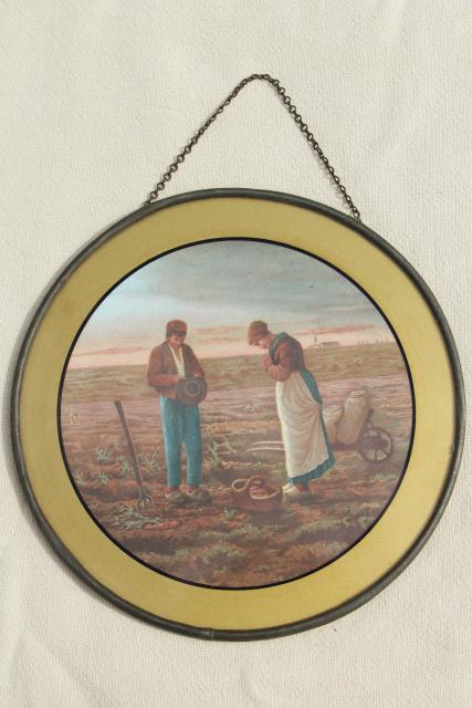 photo of antique vintage round flue cover pictures, Gleaners prints w/ reverse painted glass #2