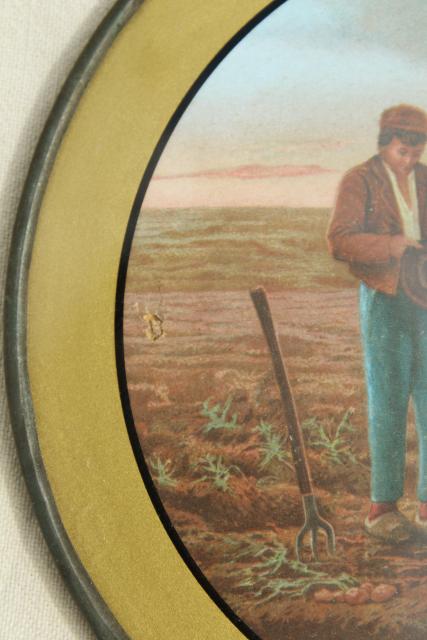 photo of antique vintage round flue cover pictures, Gleaners prints w/ reverse painted glass #3