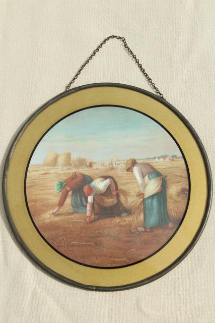 photo of antique vintage round flue cover pictures, Gleaners prints w/ reverse painted glass #5