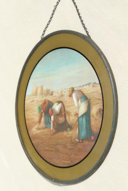 photo of antique vintage round flue cover pictures, Gleaners prints w/ reverse painted glass #6