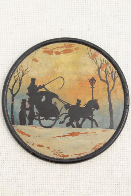 photo of antique vintage round wood flue cover pictures, silhouette scenes w/ shabby worn paint #2