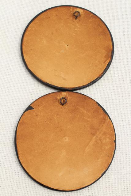 photo of antique vintage round wood flue cover pictures, silhouette scenes w/ shabby worn paint #3