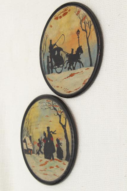 photo of antique vintage round wood flue cover pictures, silhouette scenes w/ shabby worn paint #5