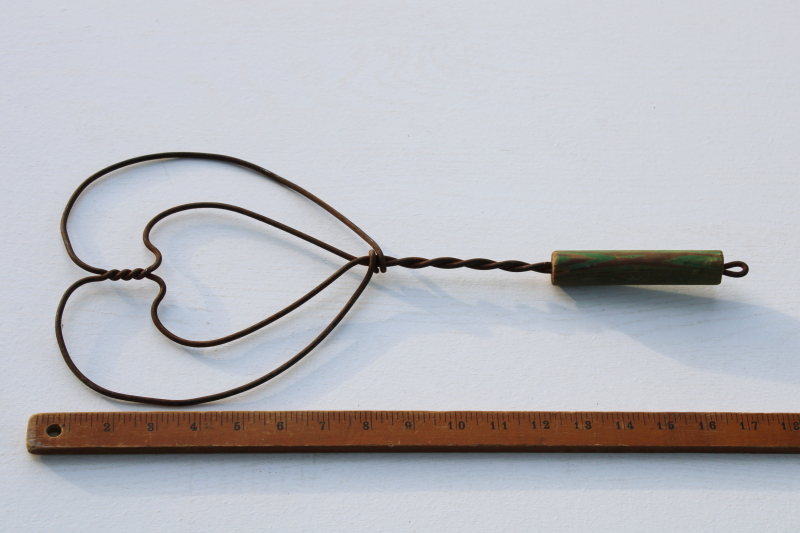 photo of antique vintage rug beater, heart shape small wire paddle, green painted wood handle #1