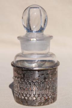 catalog photo of antique vintage scent bottle, eau de toilette cologne or vanity jar w/ silver stand