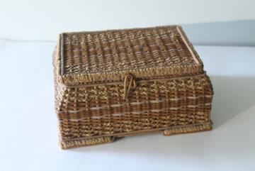 catalog photo of antique vintage sewing box, natural straw basket w/ pink satin casket lining