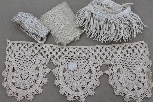 photo of antique & vintage sewing trim lot - cluny laces, crochet lace edgings, lampshade fringe #8