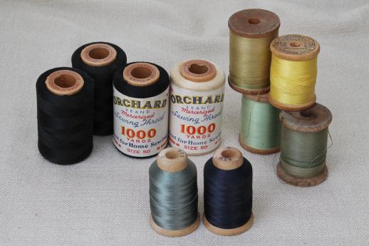 photo of antique vintage silk sewing thread, cotton thread on large wood spools #1