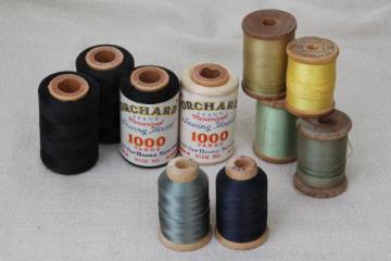 catalog photo of antique vintage silk sewing thread, cotton thread on large wood spools