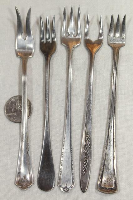 photo of antique vintage silver plate flatware, pickle olive cocktail forks, serving pieces lot #5