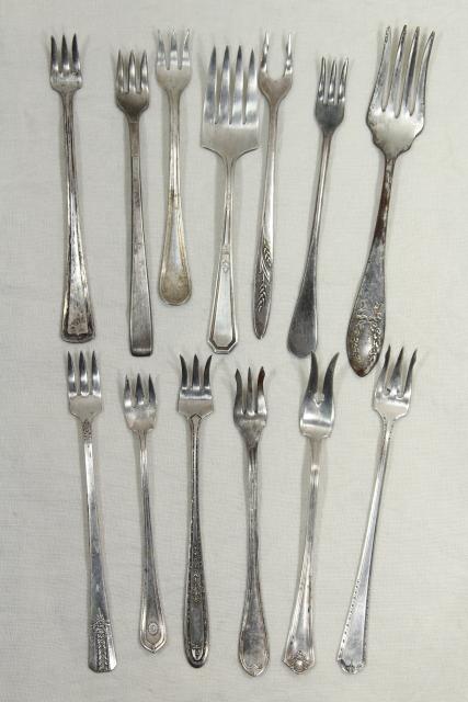 photo of antique vintage silver plate flatware, pickle olive cocktail forks, serving pieces lot #10