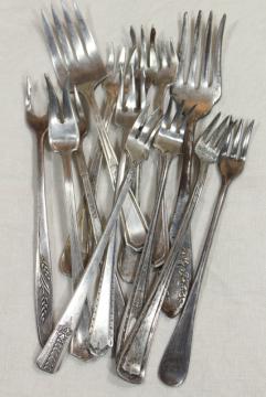 catalog photo of antique vintage silver plate flatware, pickle olive cocktail forks, serving pieces lot