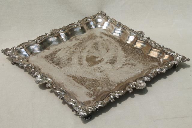 photo of antique vintage silver plate footed tray, large square serving platter in silver over copper #1