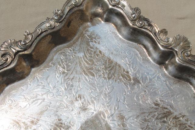 photo of antique vintage silver plate footed tray, large square serving platter in silver over copper #2