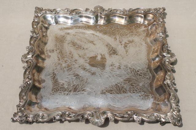 photo of antique vintage silver plate footed tray, large square serving platter in silver over copper #4