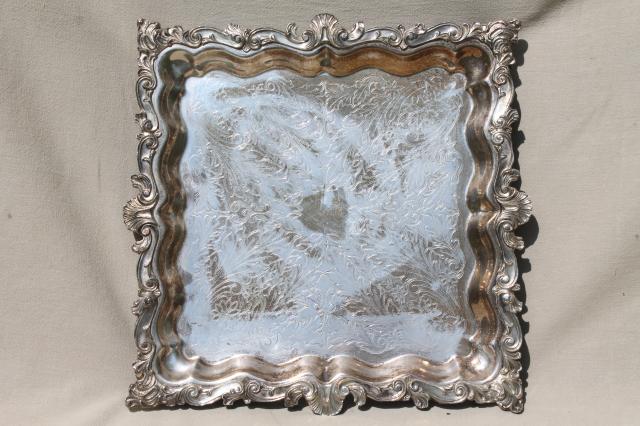 photo of antique vintage silver plate footed tray, large square serving platter in silver over copper #5