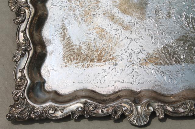 photo of antique vintage silver plate footed tray, large square serving platter in silver over copper #7