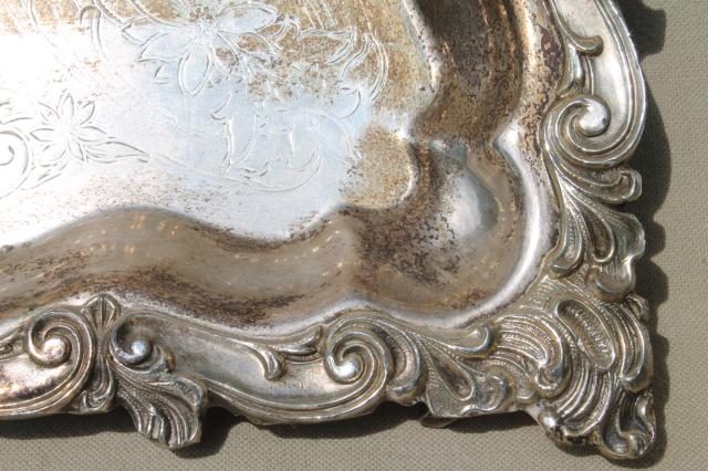 photo of antique vintage silver plate footed tray, large square serving platter in silver over copper #8