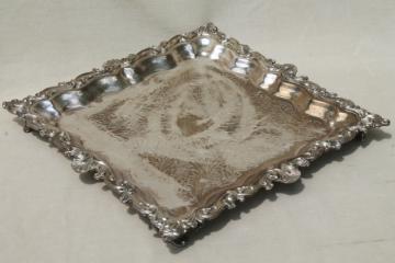 catalog photo of antique vintage silver plate footed tray, large square serving platter in silver over copper