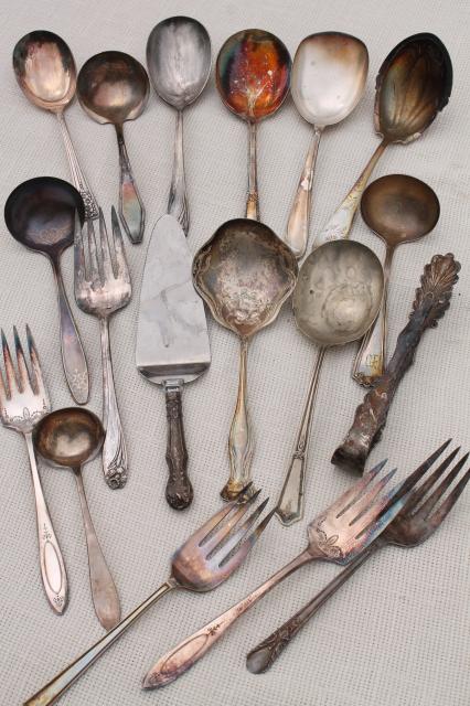 photo of antique & vintage silver plate serving pieces & spoons, shabby tarnished silverware flatware lot #1