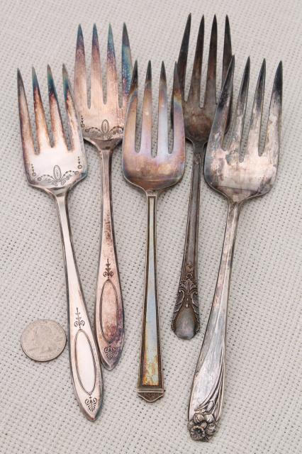 photo of antique & vintage silver plate serving pieces & spoons, shabby tarnished silverware flatware lot #2