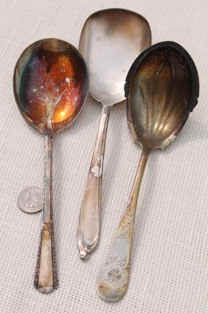 photo of antique & vintage silver plate serving pieces & spoons, shabby tarnished silverware flatware lot #4