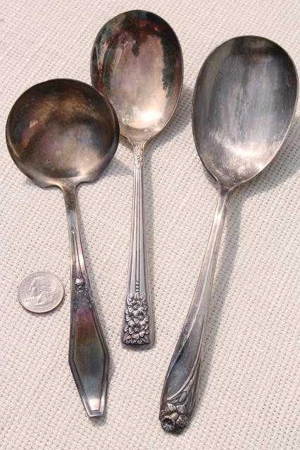 photo of antique & vintage silver plate serving pieces & spoons, shabby tarnished silverware flatware lot #5