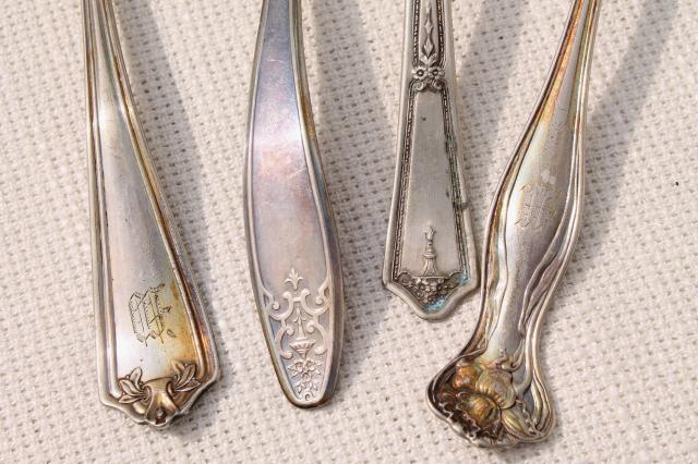 photo of antique & vintage silver plate serving pieces & spoons, shabby tarnished silverware flatware lot #8